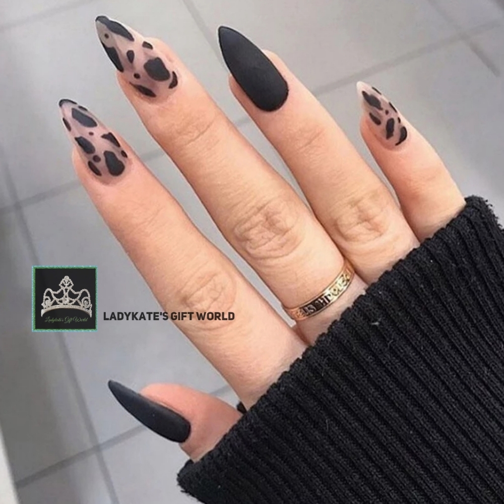 24Pcs Stiletto False Press On Nails Matter Black Color Leopard Wear